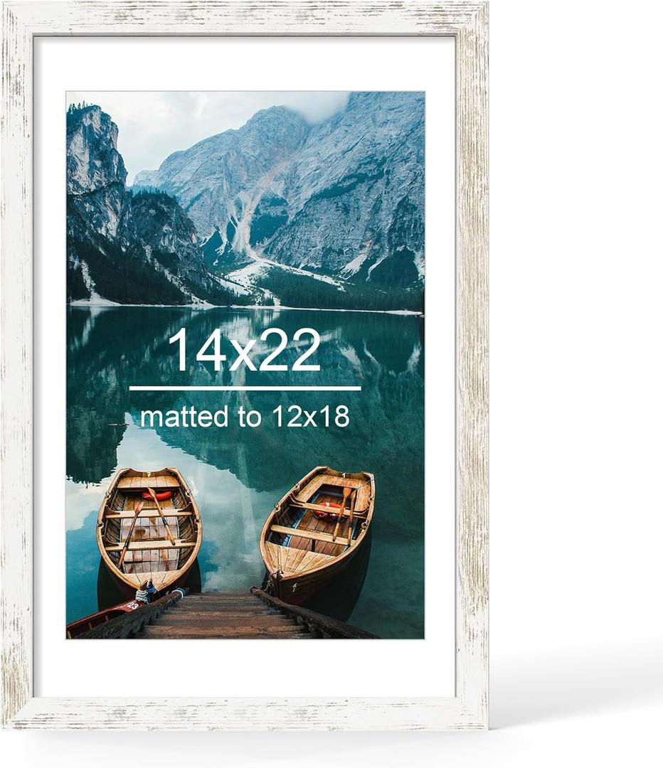14x22 Picture Frame, Distressed White Wood Style - Display Posters 12 x 18 with Mat or 14x22 without Mat, Wall Mounting Horizontal and Vertical, 1 Pack