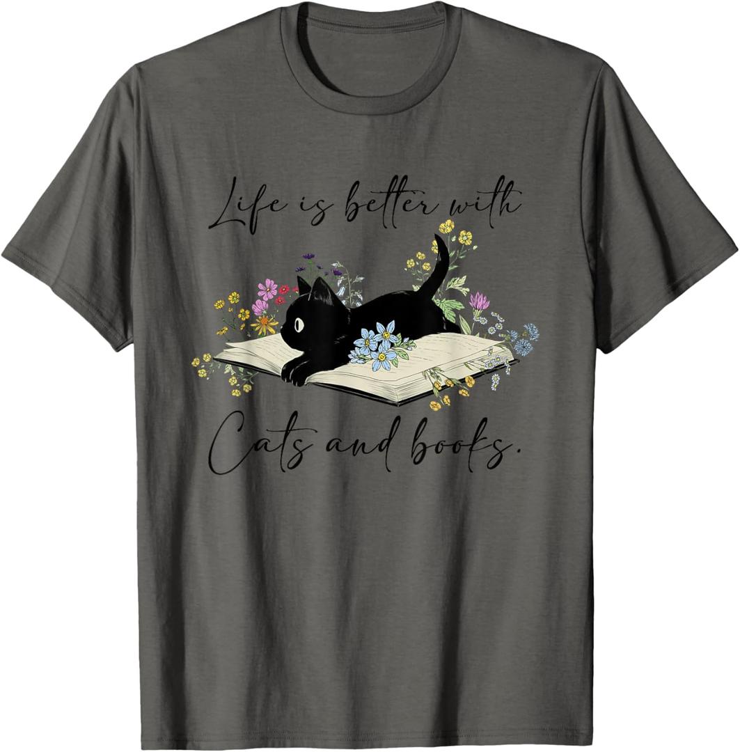 Cat Book Shirt for Women Life is Better with Cats and Books T-Shirt, Size M