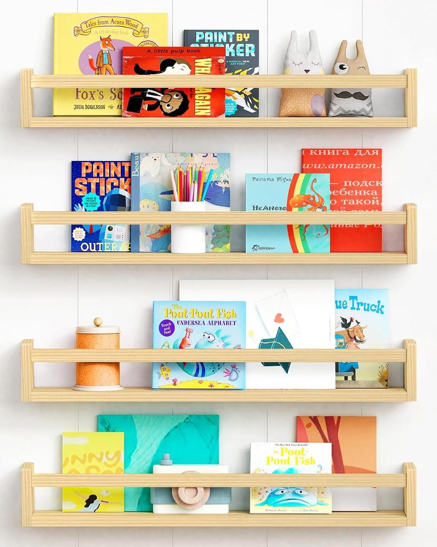 Forbena Natural Wood Nursery Bookshelves for Wall, 24 Inches Long Floating Book Shelves, Wall Mounted Bookcase for Baby Teen Girl Boy Kids Room Bedroom, Playroom Organizer, Bathroom Decor (4-Pack), 23.6 Inch