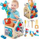 Montessori Toddler Tool Set - 33 PCS Wooden Kids Tools with Box / Bench, Montessori Educational Pretend Play Preschool Toys Gifts for 2 3 4 5 Year Old Boy Girl Kids, STEM Fine Motor Skills Tool Set (House)