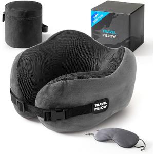 Neck Pillow Travel Pillow - 100% Pure Memory Foam Airplane Pillow with Adjustable Clasp & Removable Cover, Portable Travel Essentials for Long Flights, Car & Office (Dark Gray, with Eye Mask)