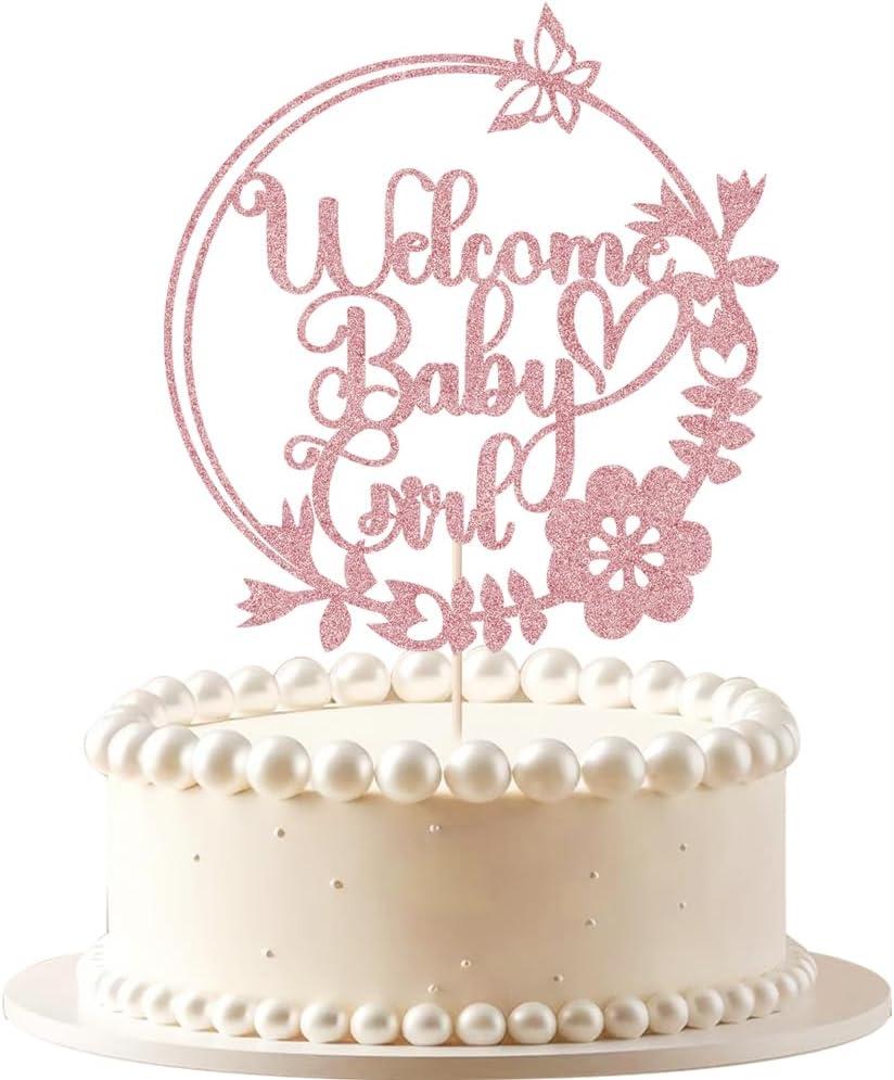 Welcome Baby Girl Cake Topper-Rose Gold Glitter circular Girl Cake Topper, for Baby Shower/Birthday Party/Gender Reveal Party Photo Booth Props (3)