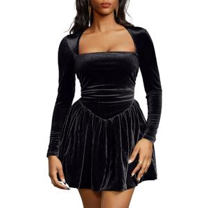 GOBLES Women's Sexy Long Sleeve Square Neck Velvet Bubble Mini Cocktail Party Dress (Medium, Black)