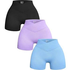 OQQ Women's 3 Piece Yoga Shorts Ribbed Seamless Workout High Waist Cross Over Athletic Leggings, S