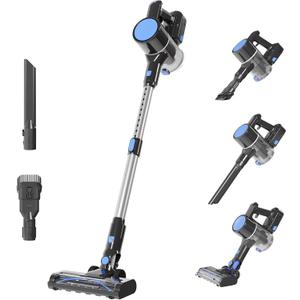 DUMOS Cordless Vacuum Cleaner, Lightweight Rechargeable Upright Vacuum with Flexible Steering, Extendable Pole, LED Light, 3 Brush Heads & Wall Mount, Ideal for Hardwood Floors & Household Cleaning