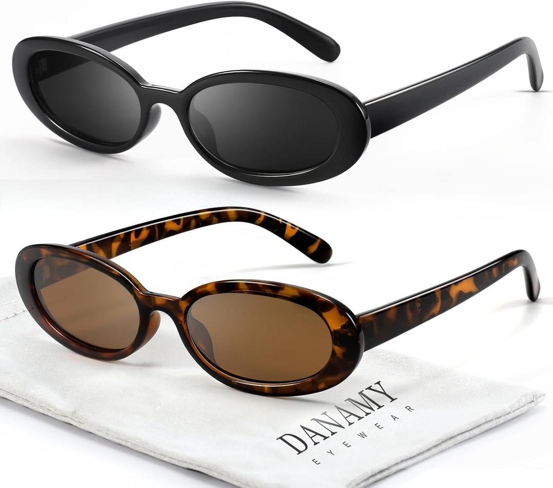 Sunglasses Womens Retro Oval Sunglasses for Women Men Fashion Small Oval Sun Glasses 90s Vintage Driving Shades (A1 Black+leopard Frame-brown Lens)