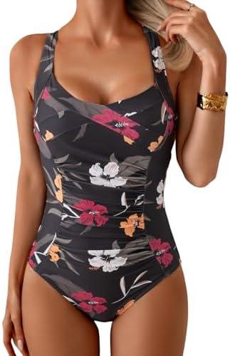 B2prity One Piece Swimsuit for Women Tummy Control Bathing Suits Ruched Slimming Swim Suit Push Up Tie Back Swimwear XL