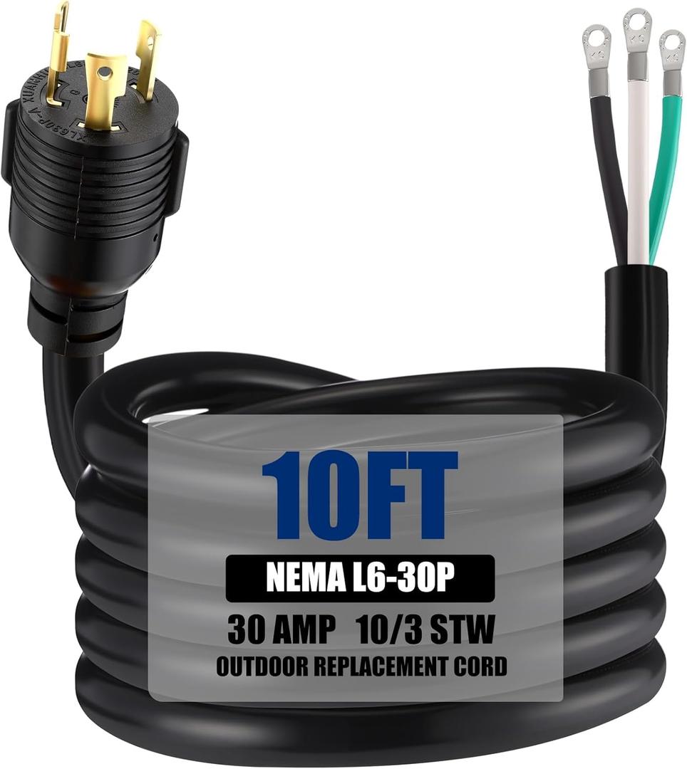 Kanayu 10 ft 10 Awg 3 Prong Replacement Power Cord Compatible with Nema L6-30p, 30 Amp 250v Welder Extension Cord with Open End for Welder Garage Heater Air Compressor, Etl Listed
