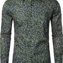 JOGAL Mens 70s Floral Dress Shirt Long Sleeve Printed Casual Button Down Shirts (Large, Navy Yellow)