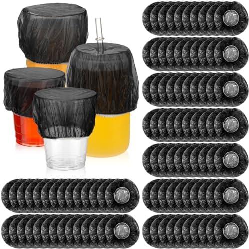 Baderke 64 Pcs Scrunchie Drink Covers Bulk Disposable Plastic Covers for Cups Covers for Beverage Protection Covers for Christmas Bar Club Adult Drink Beverage Stretchable(Clear Black)