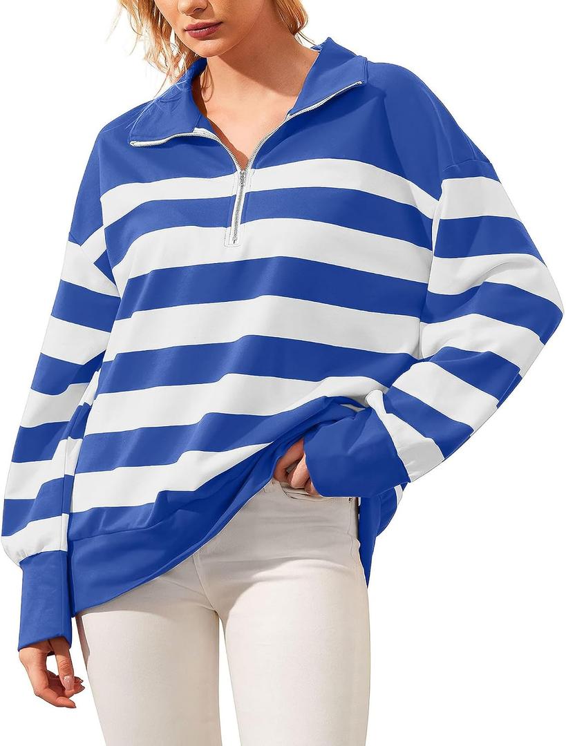 Quarter Zip Sweatshirts 2025 Women Oversized Striped Pullover Tops Lapel Collar Long Sleeve Sweater Shirts Y2K Clothes
