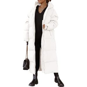 Shanfetl Women Long Quilted Coat Hooded Maxi Length Long Sleeve Puffer Jacket Padded Coat Winter Outerwear, L