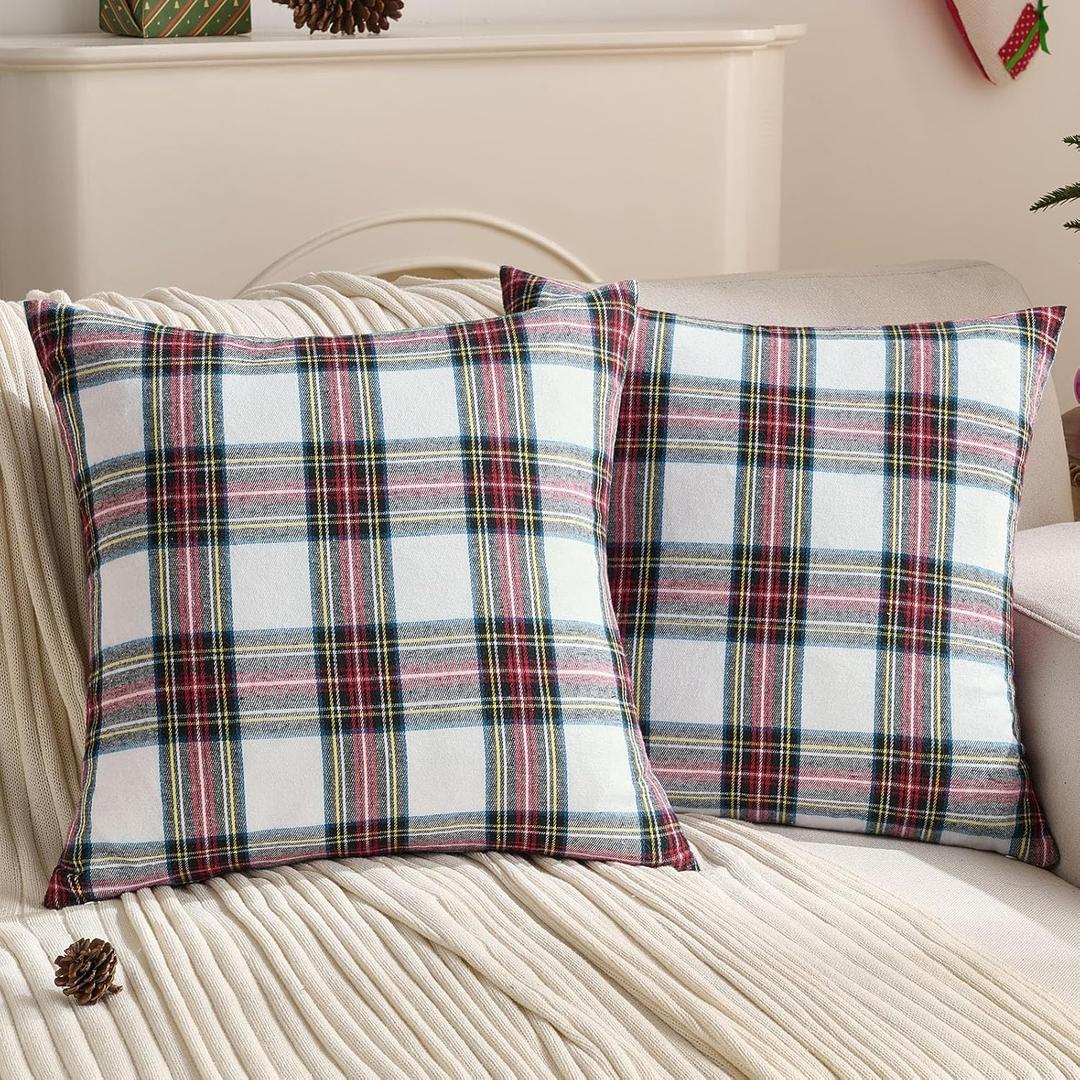 FUTEI Christmas White Plaid Throw Pillow Covers 18x18 Inch Set of 2 Buffalo Check Holiday Decorative Cushion Case Farmhouse Home Decor for Couch Bed Living Room