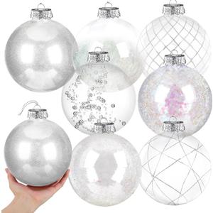 Wettarn Set of 8 Transparent Large Christmas Ball Ornaments 6 Inch Glitter Hanging Plastic Balls Christmas Tree Decorations for Lawn Yard Garden Party with Exquisite Filling Decoration(Silver White)