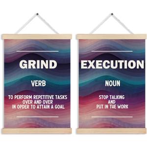 MKIJUHB Inspirational Office Wall Art Decor, Abstract Colorful Grind Execution Motivational Quotes Framed Hanging Canvas Prints for Office Workplace Home Bedroom Walls Decorations, 12x16 Inch Set of 2