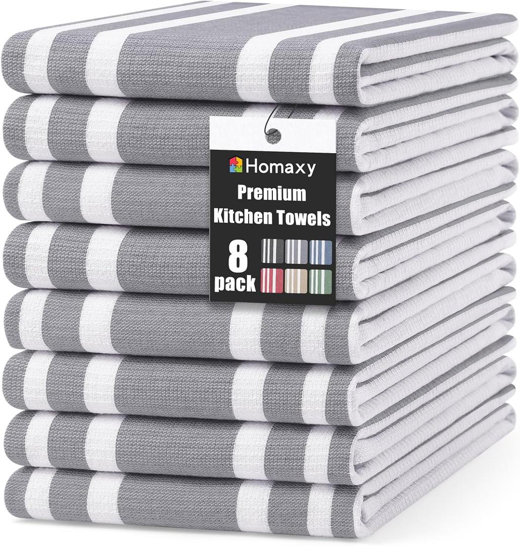 Homaxy Premium Kitchen Towels 18x 28, Large Cotton 380 GSM Kitchen Hand Towels, Stripe and Terry Dish Towel, Highly Absorbent Tea Towel Set with Hanging Loop, 8 Pack, Grey