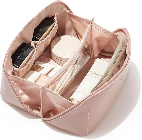 EACHY Travel Makeup Bag,Large Capacity Cosmetic Bags for Women,Waterproof Portable Pouch Open Flat Toiletry Bag Pattern Makeup Bag Pink