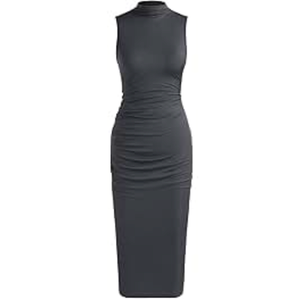 Women's Summer Ruched Bodycon Crew Neck Sleeveless Casual Tank Pencil Midi Dresses Dark Gray Small