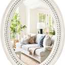 H HOMEWINS Oval Mirrors for Wall,20x30 Oval Wooden Rustic Farmhouse White Beads Boho Decorative Mirror for Bedroom, Bathroom, Living Room,Vanity