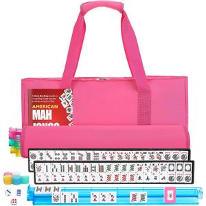 American Mahjong Tile Set,166 White Tiles Mahjong Set,4 Colors Mahjong Racks,Travel Mahjong Set with Pink Carrying Bag