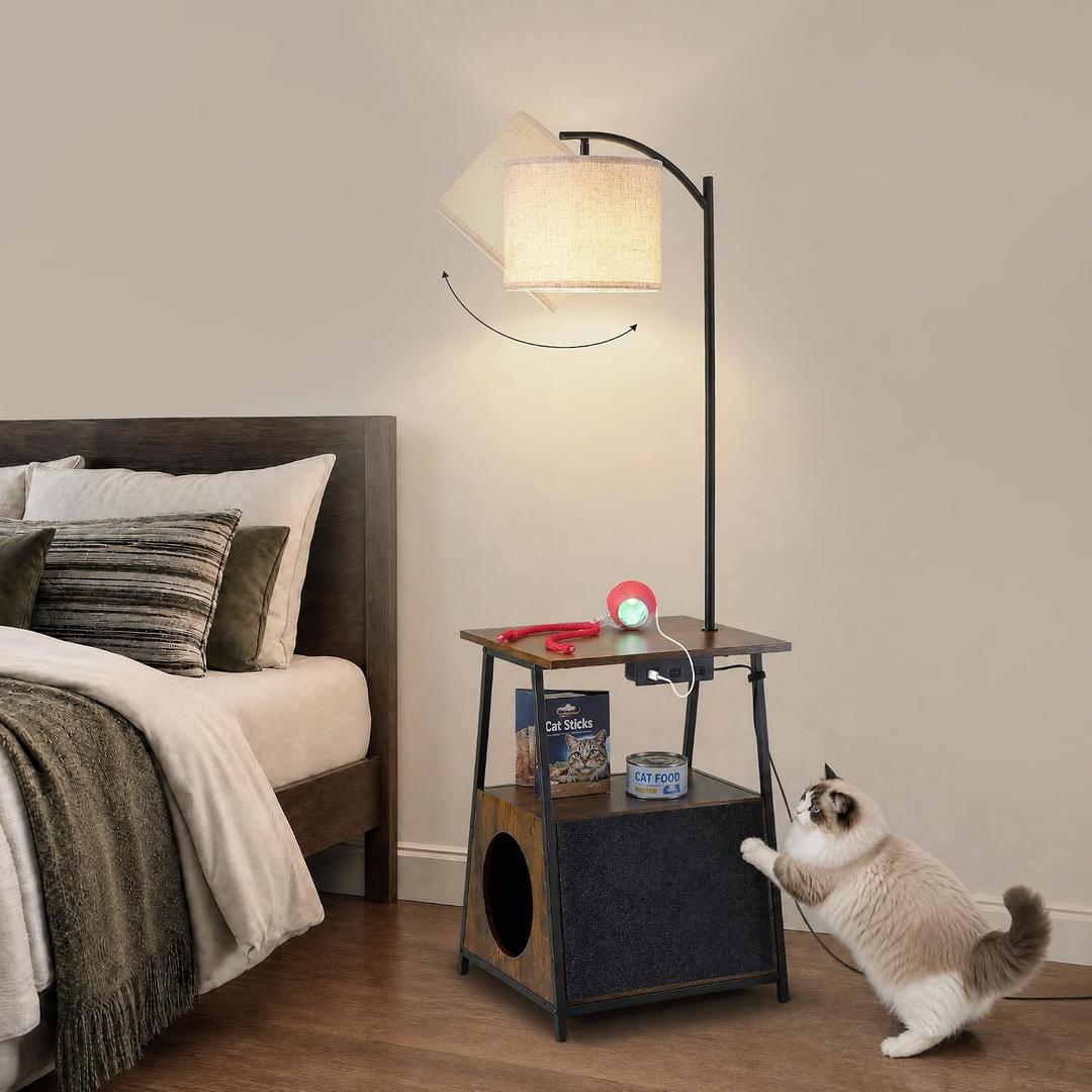 Floor Lamp with Table,Night Stand with Lamp,Side Table with Cat Scratcher