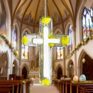 H&D HYALINE & DORA Glass Cross for Car Mirror Hanging Christian Gifts for Men, Women Jesus Ornament Religious Gift for Truck Driver (Clear & Yellow) Pack of 2
