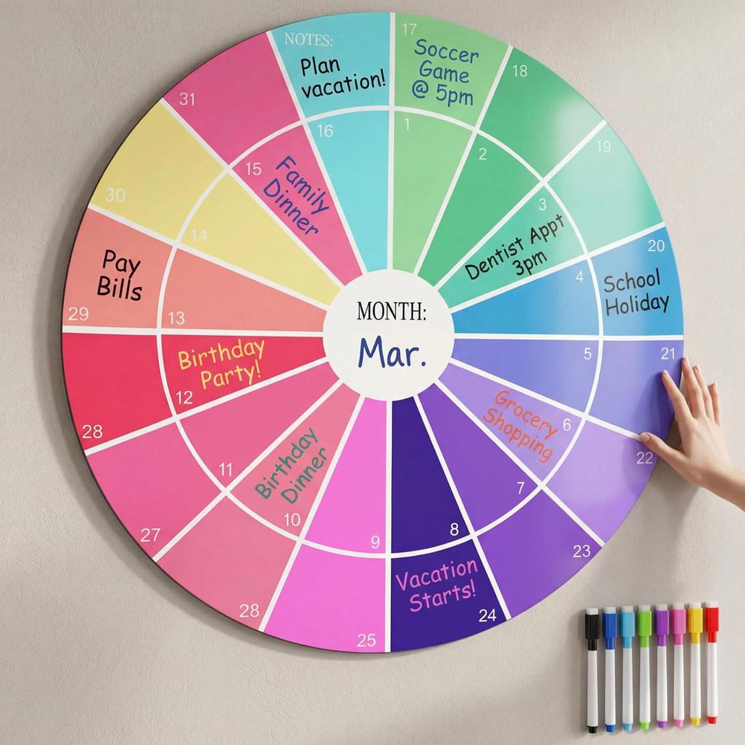 Round Magnetic Dry Erase Calendar for Wall, 27.527.5 Inch Monthly Whiteboard with 8 Colored Markers, Reusable Circular Planner for Home Office Classroom Kitchen Panoramic Layout, No Date Limits