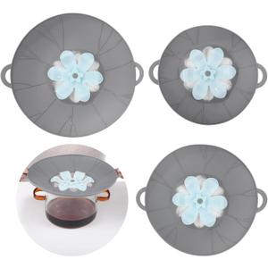 3 Pcs Silicone Spill Stopper Lids, 3 Sizes Splatter Covers, Reusable Lids with Flower Vent, Universal Pot Covers, Boil-Over Protectors, Safe for Microwave, Oven, Stovetop, Dishwasher