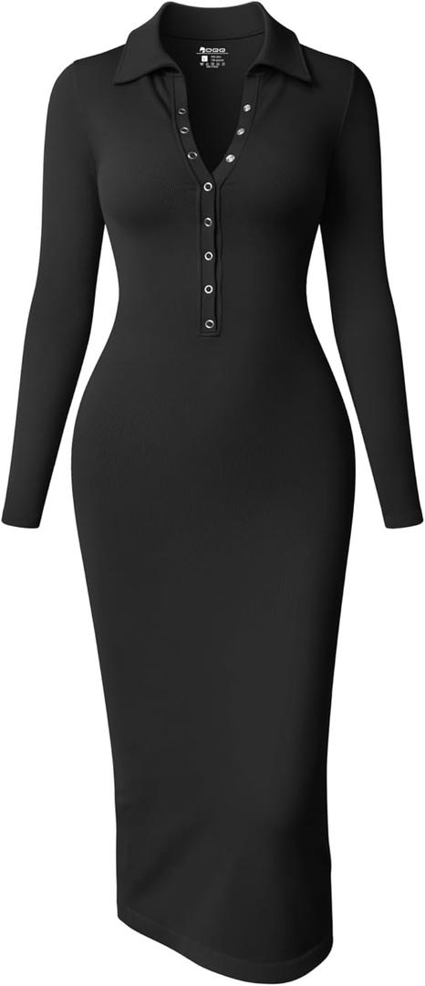 OQQ Women's Long Sleeve Maxi Dress Ribbed Back Slit Button Down Bodycon Soft Going Out Elegant Party Dresses (Large, Black)