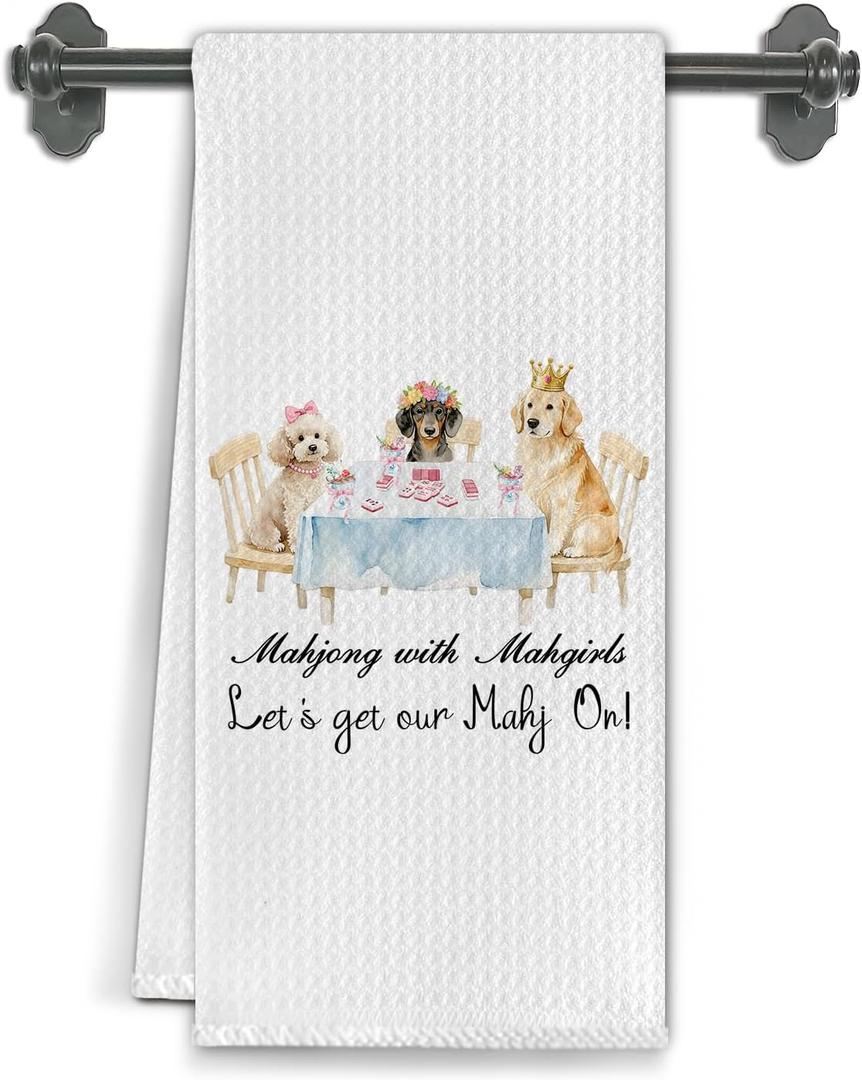 Mahjong Poodle Dachshund Golden Retriever Kitchen Towels, Gifts for Mahjong Cocktail Lovers Players Dish Tea Towels for Kitchen Decor, Dog Lover Gifts Hand Towel for Bathroom, 16x24 Inch