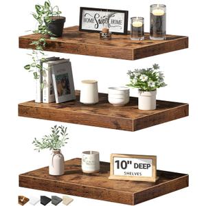 QEEIG 10" Deep Floating Shelves for Wall - 10 x 16 inch Book Shelf Bathroom Bedroom Kitchen Living Room Hanging Bookshelf Farmhouse Set of 3, Rustic Brown (025-40BN3)