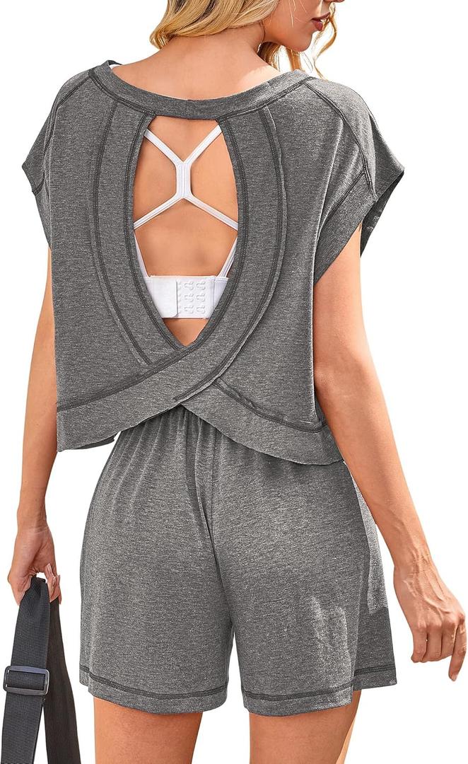 BB&KK Womens 2 Piece Outfits Open Back Crewneck Cap Sleeve Tunic Top Drawstring Short Sets Lounge Athletic Matching Set (Large, Dark Gray)