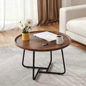 Small Round Coffee Table, Wooden Surface Top & Sturdy Metal Legs Coffee Table with Fluted, End Table for Living Room Bedroom Office Balcony Yard (Walnut, 20 inches)