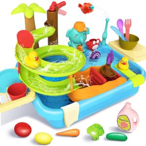 4-in-1 Kitchen Sink Toy with Upgraded Water Slide Track, Magnetic Fishing Game Floating Toys for Water Play, Pretend Play Dishwasher for Kids Toddlers 1-3 3-8 (Blue)
