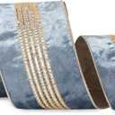 Ribbli Dusty Blue Velvet Wired Ribbon with Luxurious Glittering Stripe 4 Inch Christmas Ribbon for Tree Gift Wrapping Wreaths Garland Topper Bows Crafts Home Decor -10 Yards