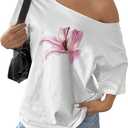 Women's Off The Shoulder Tops Floral Graphic Oversized Tshirts Shirts Y2k Summer Tops Trendy (Yellow, S)