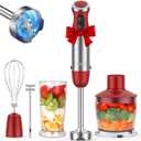KOIOS 5-in-1 Hand Immersion Blender, 1000W 12 Speed Handheld Blender Stick with Copper Motor Stainless Steel Blade, 600ml Mixing Beaker,500ml Food Processor, Whisk, Milk Frother, Non-BPA, Red