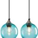 Light Blue Glass Pendant Lights Kitchen Island Globe Pendant Light Fixtures Modern Pendant Lighting for Bedroom Living Dining Room Light Fixture (5.9 in, 2 Pack)