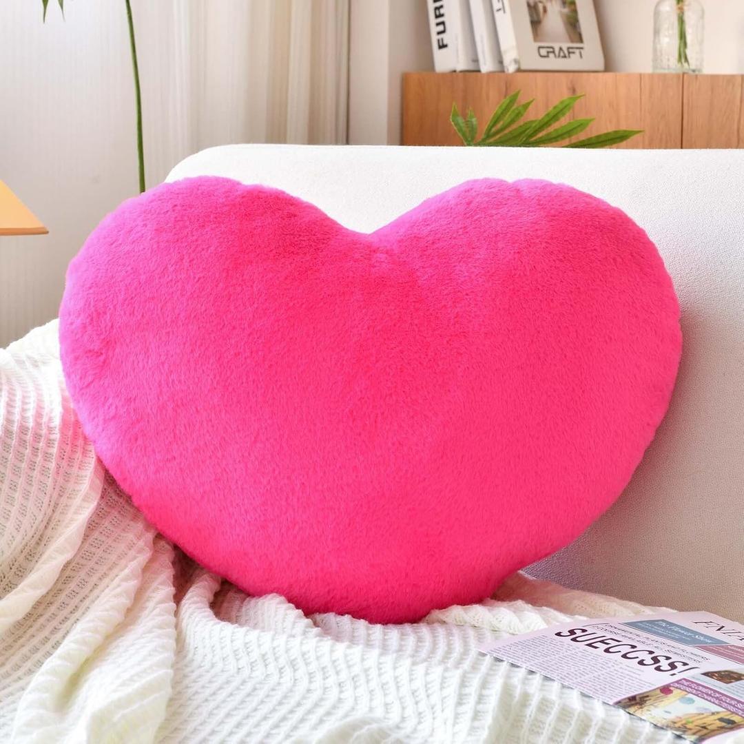 XVTRU Hot Pink Heart Pillows, Cute Heart Decorative Pillow, Heart Shaped Throw Pillows for Bed, Faux Rabbit Fur Plush Hoom Decor Pillow Cushion for Chair Sofa Living Room (Medium-15.7"x11.8")