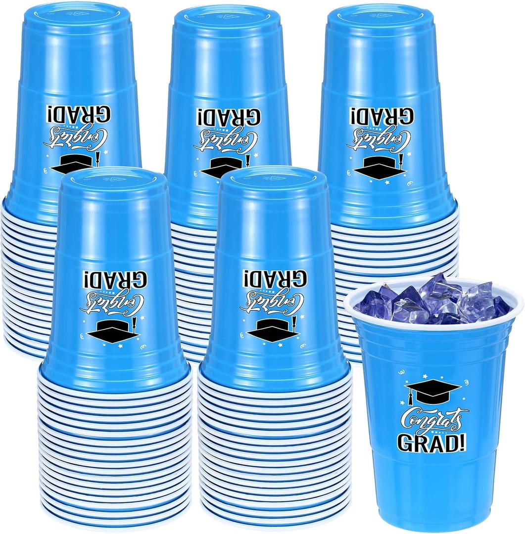 50 Pack Graduation Cups Bulk 16 oz Congrats Grad Cups 2025 Disposable Plastic Hot Cold Beer Beverage Drinks for School Graduation Party Decorations (Sky Blue)