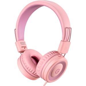 noot products Kids Headphones K11 Foldable Stereo Tangle-Free 5ft Long Cord 3.5mm Jack Plug in Wired On-Ear Headset for iPad/Girls/Boys/School/Laptop/Travel/Plane/Tablet-Soft Pink