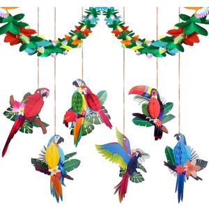 Parrot Christmas Ornament Wooden Bird Hanging Decoration Pendant with Hemp Rope,19.7Ft Tropical Garlands & 9 Hanging Wooden Parrot Birds for Christmas Tree Decoration Home Party Wall Decor (7PCS)