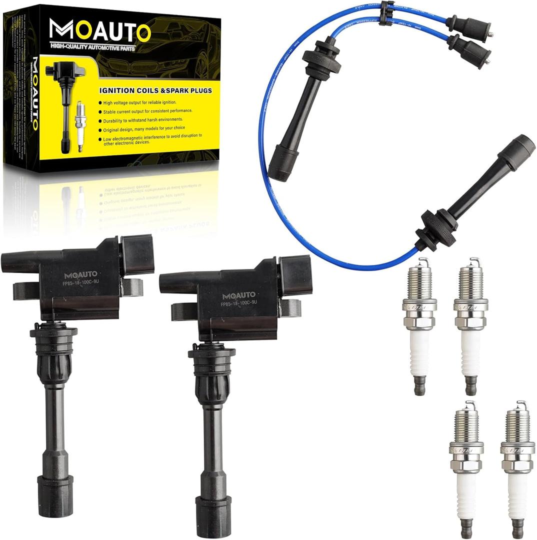 Set of 2 Ignition Coils Pack FP85-18-100C-9U UF407 & 4 PCS Iridium Spark Plugs with Wire Set Compatible with Mazda Protege 2001-2003 Protege5 2002-2003 2.0L L4