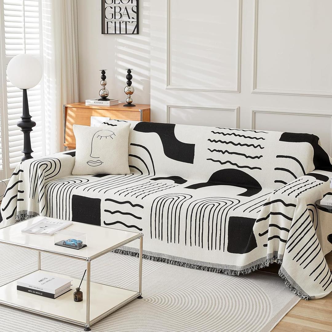 WEYOND Boho Chenille Couch Cover with Tassels, Bohemian Sofa Cover for 3 Cushion Couch, L-Shaped Sectional, Loveseat, 2/3/4 Seater (71" x 150", Black)
