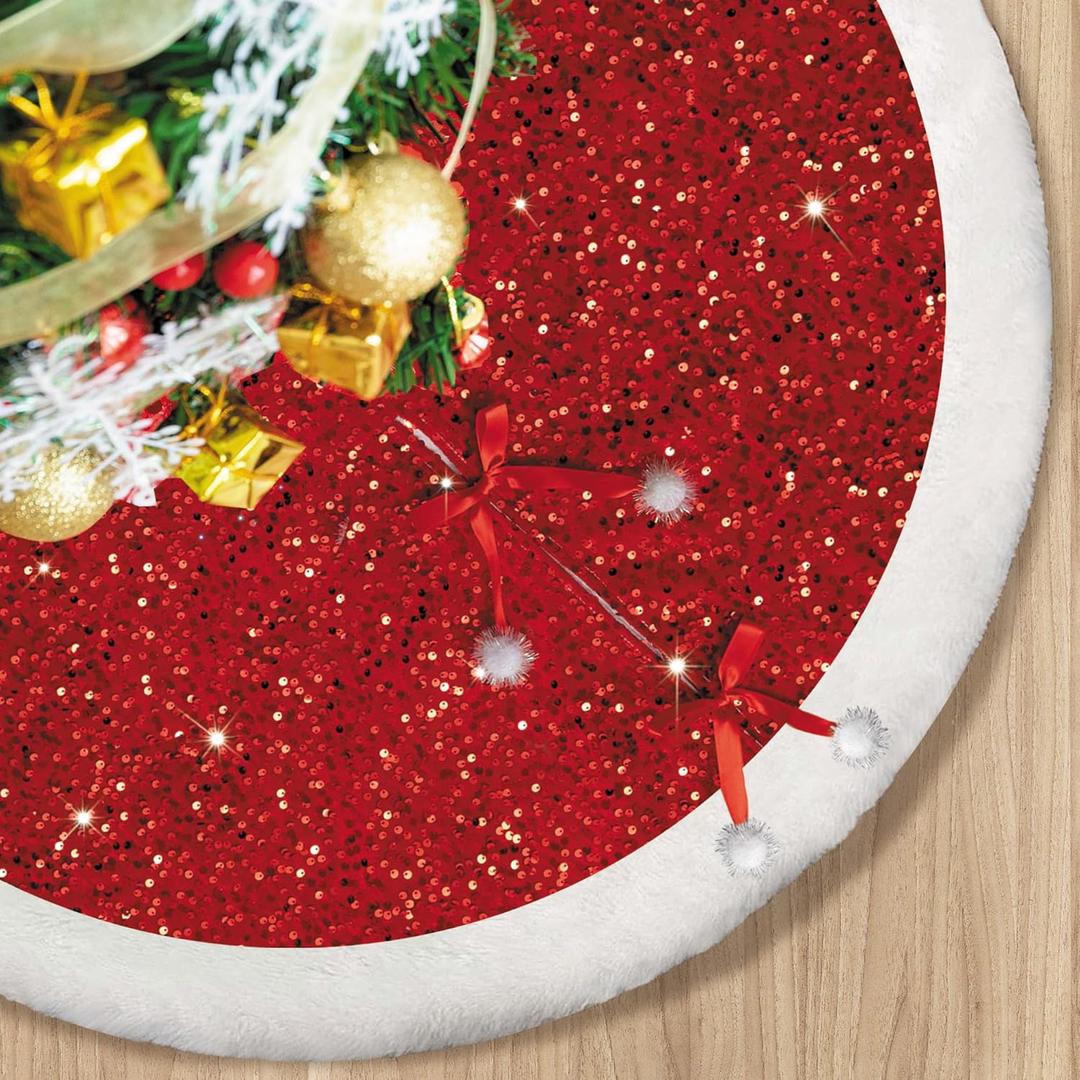 Christmas Tree Skirt, Red Sparkly with Faux Fur Plush Christmas Decorations Tree Base Mat Thick Velvet Rugs for Xmas Party Home Decor (RED)