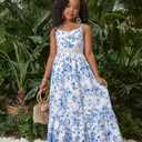 BEAUDRM Girl's Tropical Print Cami Dress Boho Tiered Spaghetti Strap Split Thigh Vacation Flowy Long Dresses (Blue, M)