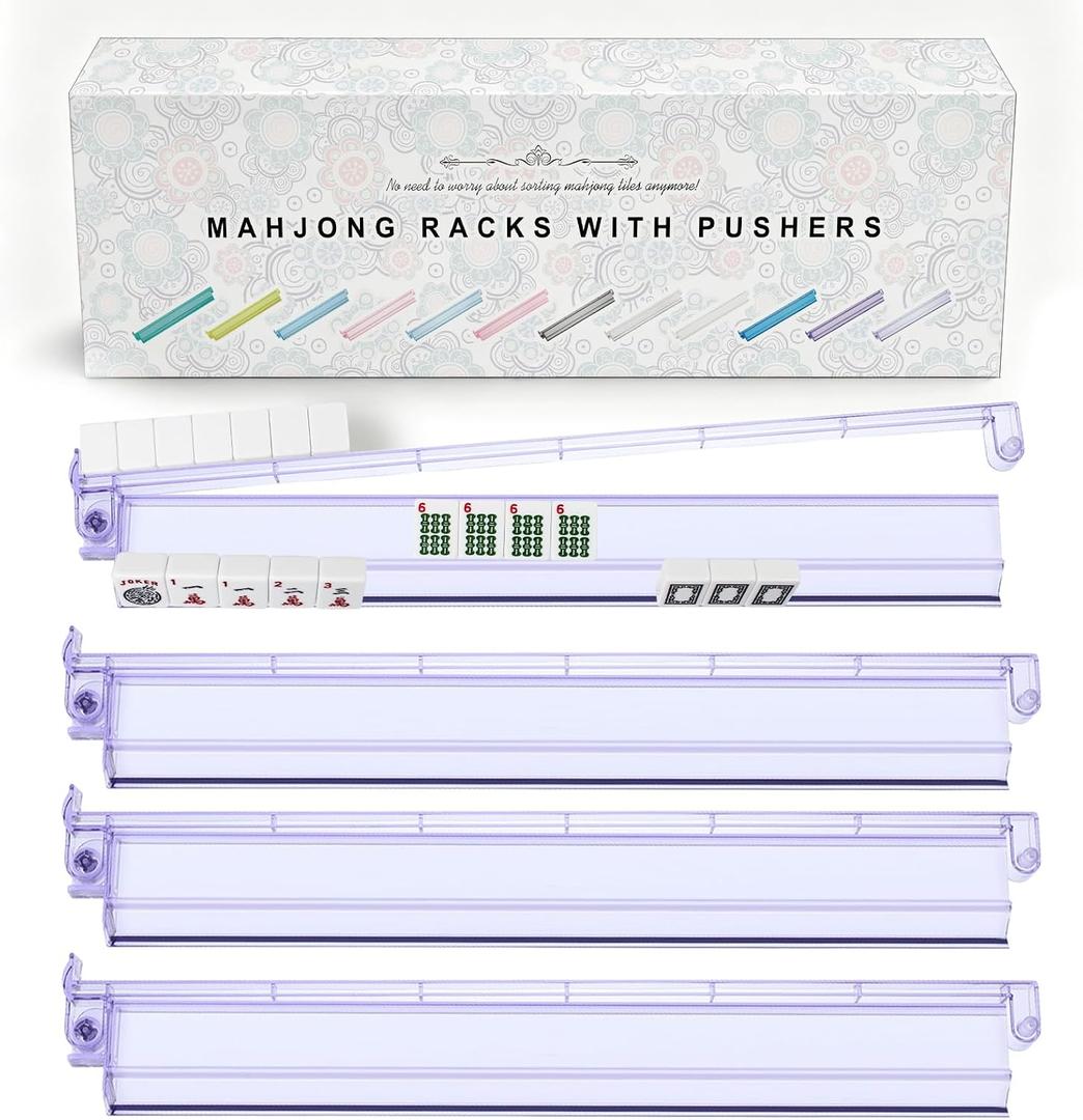 Mahjong Racks with Pushers 4PCS Set Majiang Tile Holder Acrylic Mahjong Racks Accessories and Gifts, Standard