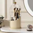 Makeup Brush Holder with Lid 360 Rotating Clear Dustproof Make Up Organizers for Vanity Bathroom Countertop, White Beige
