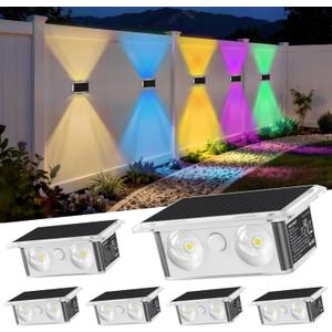TECKNET Solar Fence Lights, Up Down Lights & 200Wide Lighting, 8 Modes RGB Color Changing, 6 Pack, IP66 Waterproof Dual-Lens LED Decorative Lights for Wall/Garden/Fence/Patio/Backyard (Red, Green, Blue)