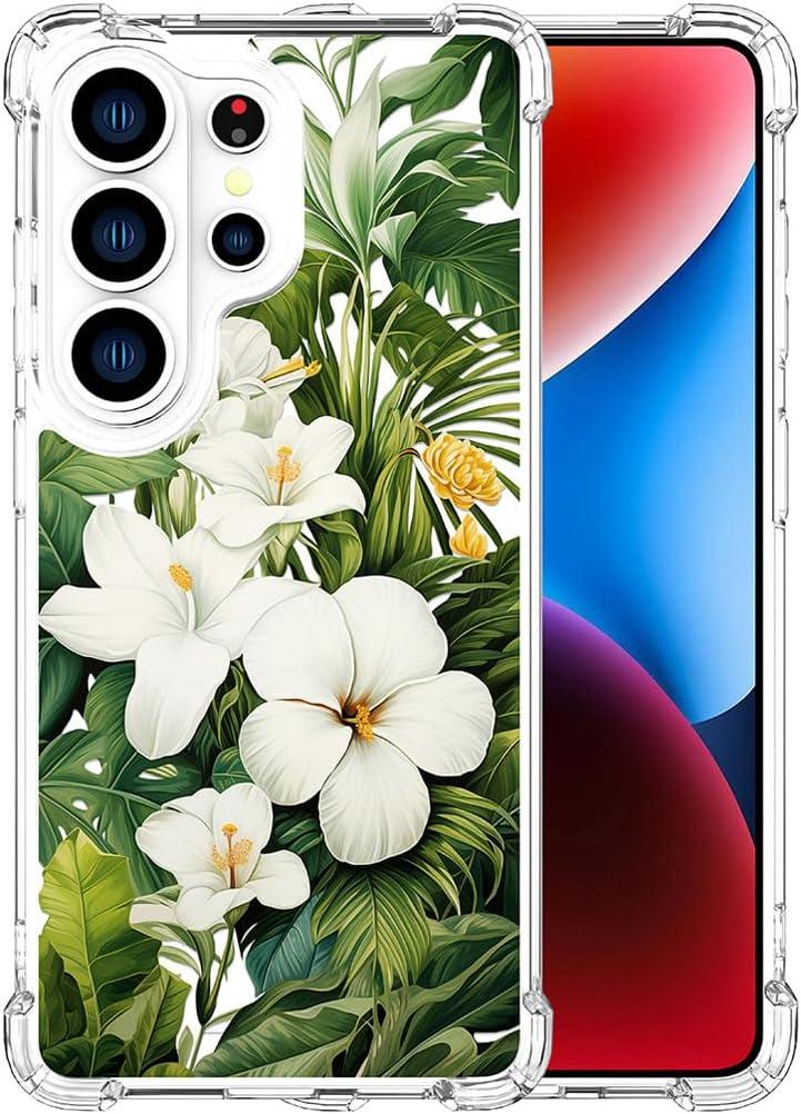 Compatible with Samsung Galaxy S26 Ultra Cases with Design, Cute Transparent Phone Case for Women Girls Girly with Heavy Duty Protective Bumper (Clear Green Leaves Tropical)